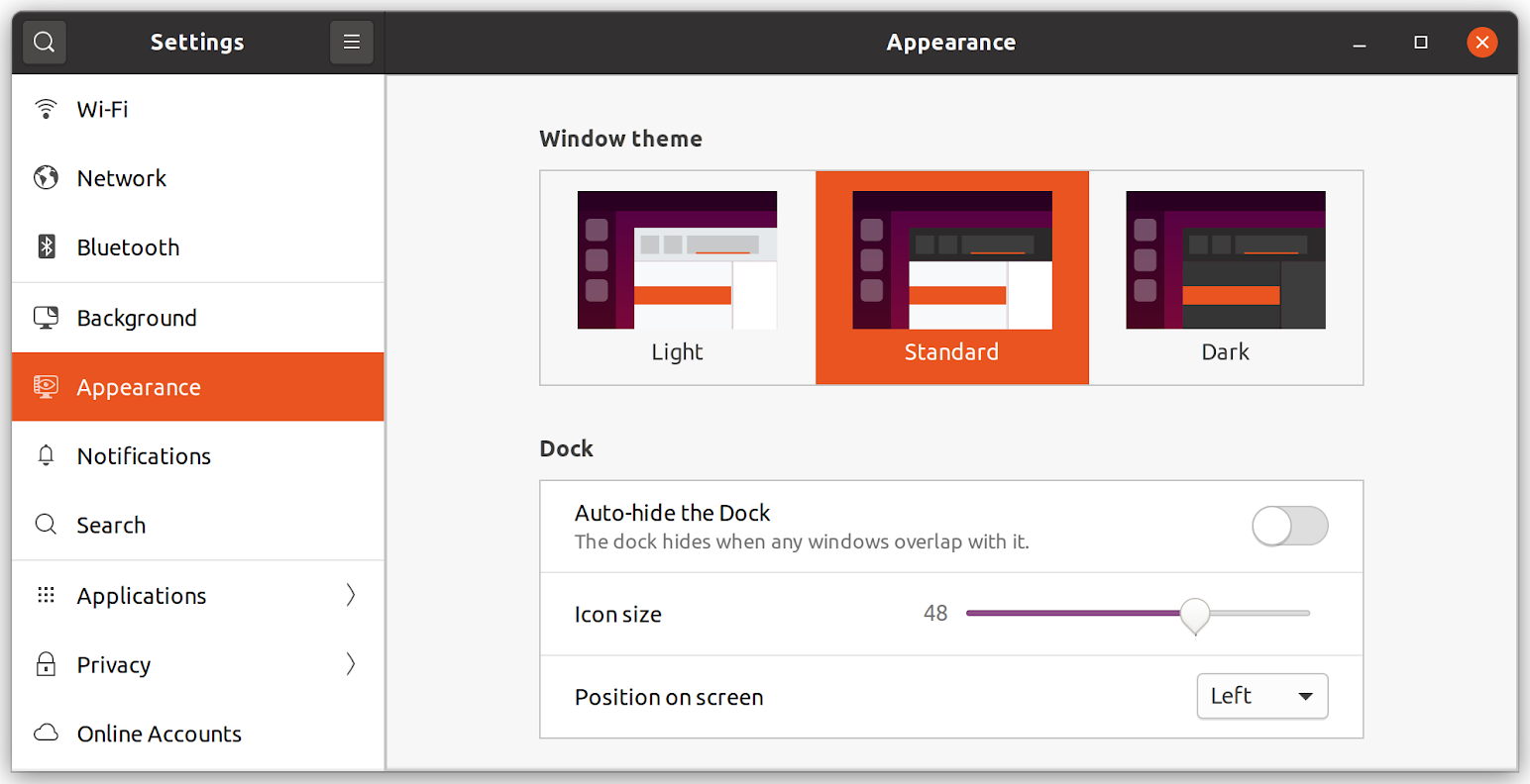 Ubuntu 20.04 LTS Appearance Settings Window